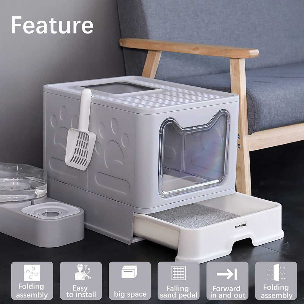 Foldable Portable Travel Extra Large Covered Cat Litter Box with Lid Top Entry Enclosed Anti-Splashing Easy to Clean Kitty Litter Box (Gray)